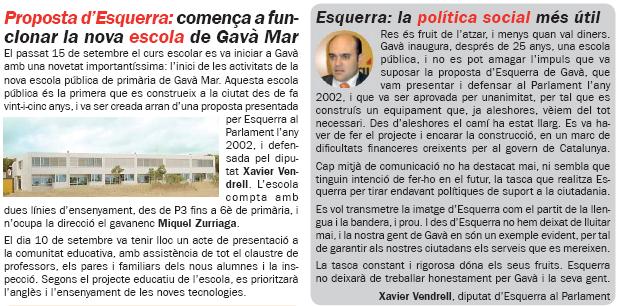 Noticia y artículo de opinión de Xavier Vendrell (Diputado de ERC en el Parlament) sobre la puesta en marcha del nuevo CEIP de Gavà Mar (Septiembre de 2008) (L'Eramprunyà, número 61)